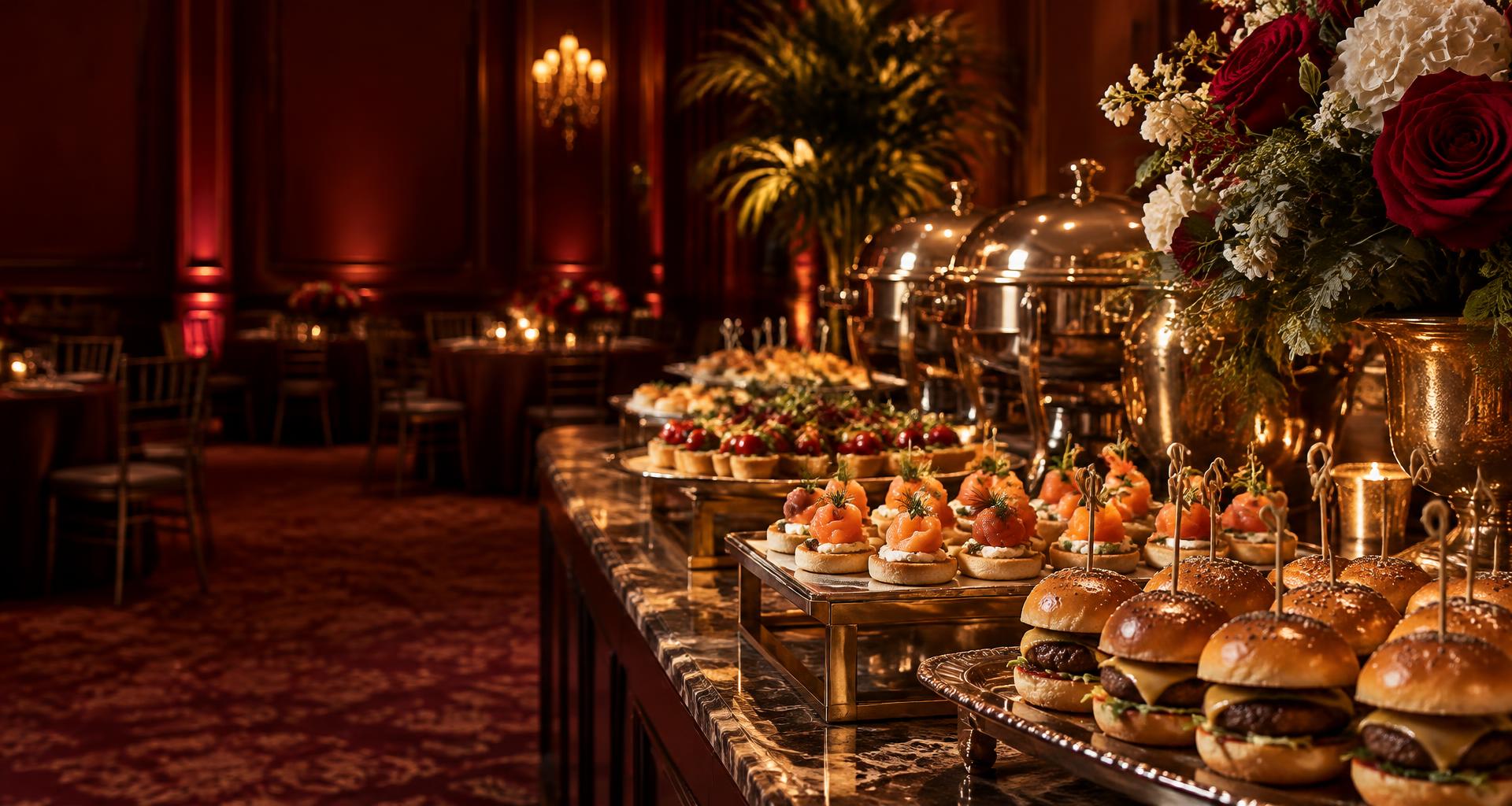 Buffet sofisticado com finger foods e decoração floral